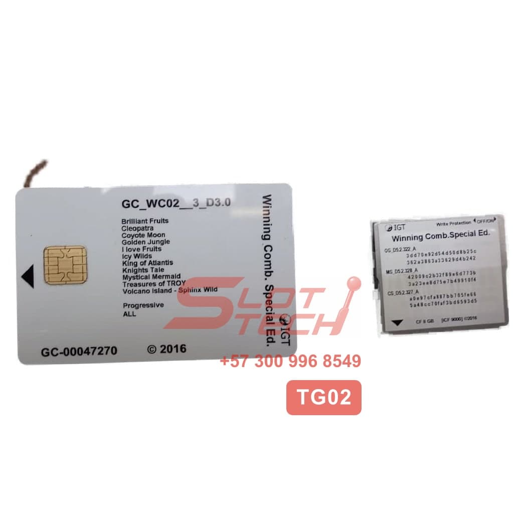 Tarjeta de juego IGT con etiqueta impresa, junto a la tarjeta de memoria del mismo conjunto