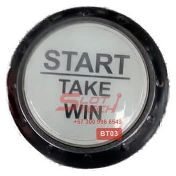 Botón redondo grande rotulado START TAKE WIN, visto desde arriba