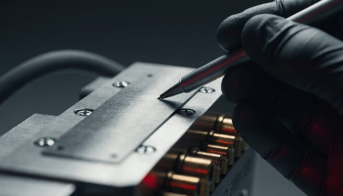 Mano enguantada iluminando con una linterna la placa de identificación de una unidad electrónica